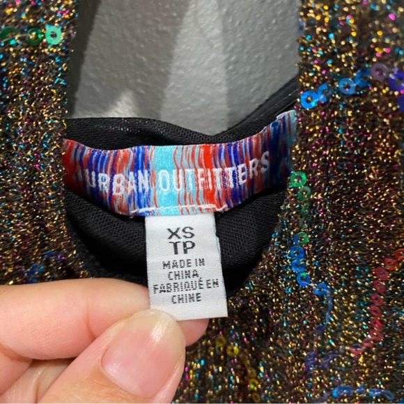 Urban Outfitters Sequin Glitter Gold Multicolor Halter Mini Dress Cut Out XS - Picture 3 of 8